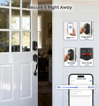 Veise VE017-H Fingerprint Smart Front Door Lock Set, App Control, 8-in-1 Keyless Entry Deadbolt with Zinc Alloy Handles, Emergency Power Port, Touchscreen Keypad, Auto Lock, Easy Install, Matte Black