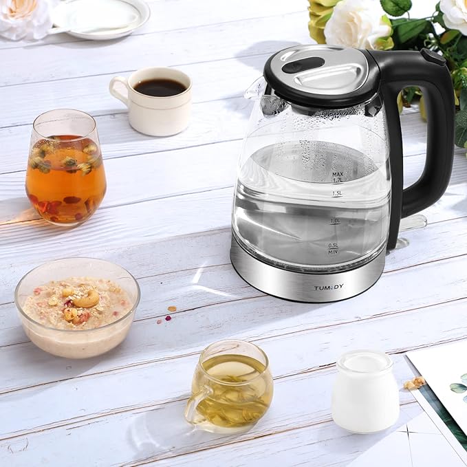 Glass Electric Kettle,1.7L Hot Water Boiler LED Lights, Comfy Touch Handle Wide Opening Cordless Tea Heater for making Tea Coffee (12872)