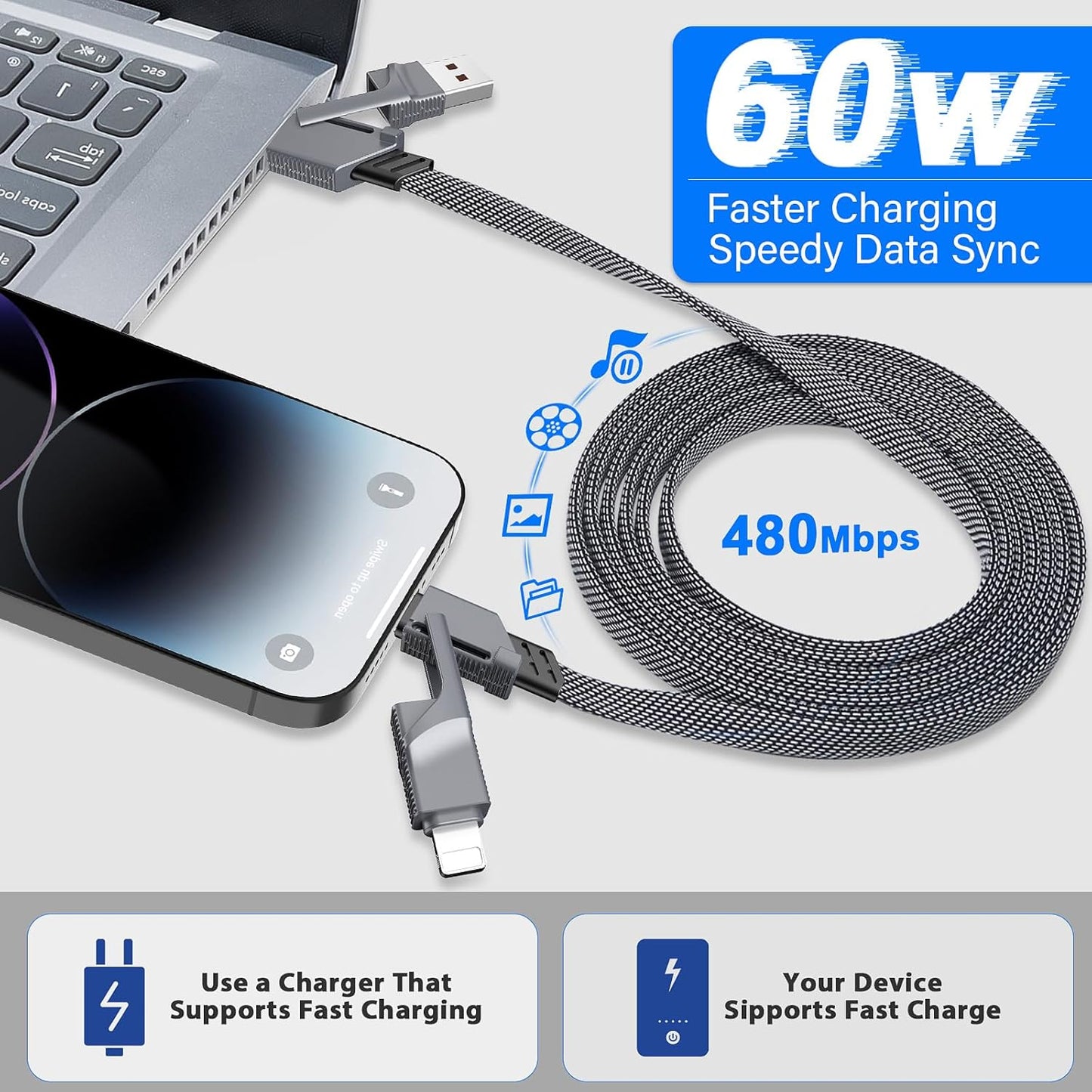 2Pack 4 in 1 USB C Cable for Lightning Cable [60W Fast Charging], 3FT Flat Braided USB C to USB C Charger Cord with L/Dual Type C/USB A Multi Port for iPhone 16 15 14 Pro Max/Samsung/i-Pad/Mac Book