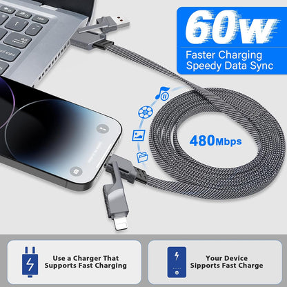 2Pack 4 in 1 USB C Cable for Lightning Cable [60W Fast Charging], 3FT Flat Braided USB C to USB C Charger Cord with L/Dual Type C/USB A Multi Port for iPhone 16 15 14 Pro Max/Samsung/i-Pad/Mac Book
