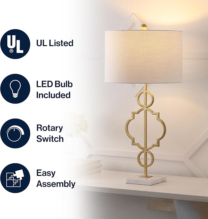 JONATHAN Y 31" Gold Modern Quatrefoil LED Table Lamp, Contemporary Metal Iron Lamp with White Marble Base and Linen Drum Shade for Living Room Bedroom, LED Bulb Included JYL3026A