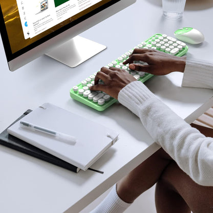 KNOWSQT Wireless Keyboard and Mouse Combo - White-Green Full-Sized 2.4 GHz 104 Keys Typewriter Cute Keyboard, Round Keycap and Optical Mouse for Windows, Computer, PC, Laptop, Desktop