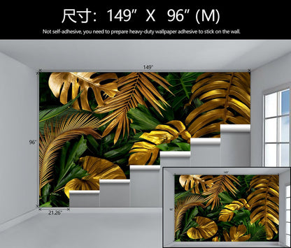 WFBHUA-Gold and Green Tropical Jungle Palm Leaf Wallpaper Mural Monstera Wall Mural for Living Room Bedroom (Not Peel and Stick)