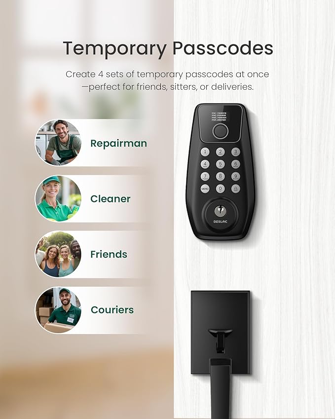 DESLOC C110 Keyless Entry Door Lock with Handle Set&Display (Smart Screen), Fingerprint Door Locks, Keypad Deadbolt, Auto-Lock, Backlit Keys, Passage Mode, IP54 Waterproof