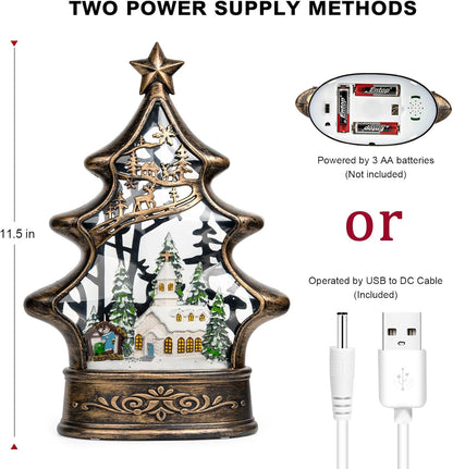 Musical Snow Globe Christmas Tree Lantern Lighted Church with Nativity Manger Scene Water Lantern in Swirling Glitter, Christmas Home Decoration and Gift, Battery Operated or USB Powered