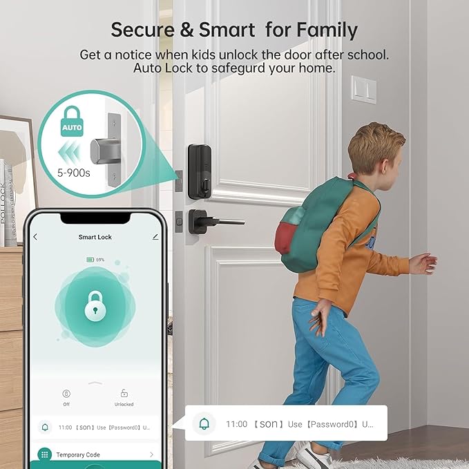 Keyless Door Lock with Handle Set - SMONET WiFi Fingerprint Smart Locks for Front Door, App Remote Control, Digital Bluetooth Keypad Deadbolt Set with Alexa, Auto Lock, Code, Fobs for Home Black