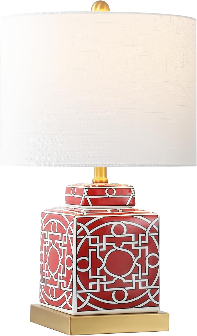 JONATHAN Y 22" Red/White Modern Ceramic Ginger Jar Table Lamp for Nightstand, Square Lattice Transitional Chinoiserie Lamp for Living Room, White Linen Shade, LED Bulb (JYL3044B)