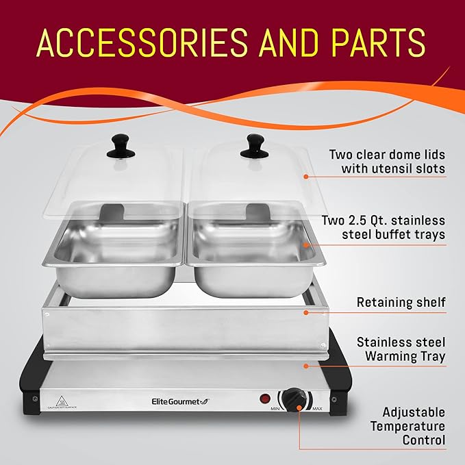Elite Gourmet EWM-6122X Deluxe Dual Buffet Server Food Warmer Party Tray, Gravy & Holiday Essentials, Special Events, 2 x 2.5Qt, Stainless Steel