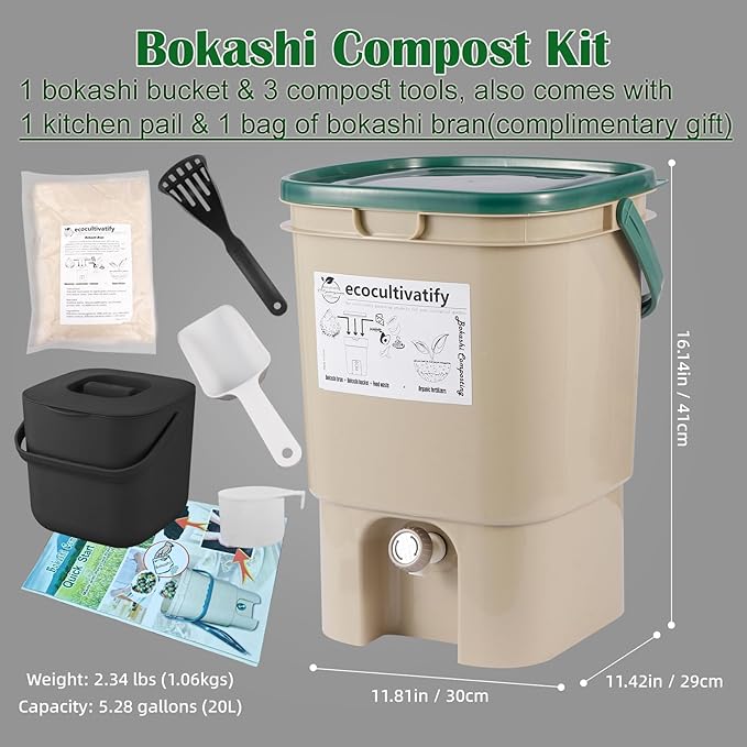 20L Bokashi Bucket with Air Sealing Lid, 5.28 Gallon Compost Bin, Kitchen Composter with Bran, Kitchen Compost Pail, ecocultivatify Bokashi Kit Set with Starter (Tan & Dark Green)