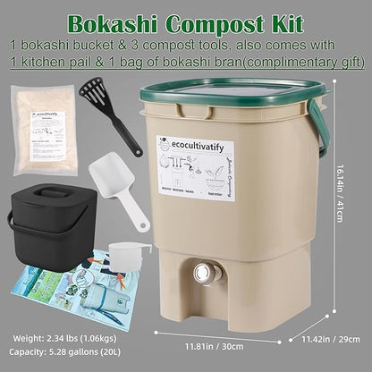 20L Bokashi Bucket with Air Sealing Lid, 5.28 Gallon Compost Bin, Kitchen Composter with Bran, Kitchen Compost Pail, ecocultivatify Bokashi Kit Set with Starter (Tan & Dark Green)