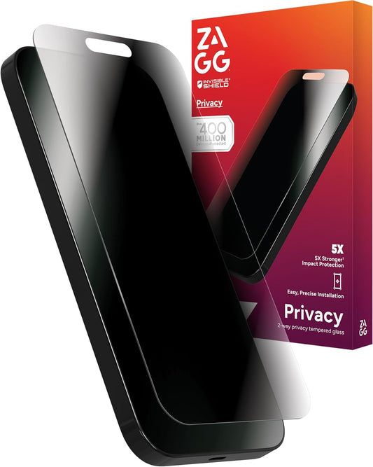 ZAGG Glass Elite Privacy Screen Protector for iPhone 16 Plus / 15 Plus - 2-Way Privacy Filter, Ultra-Strong Tempered Glass, 5X Stronger, InvisibleShield, Smudge-Free, Easy Install, Recycled Content
