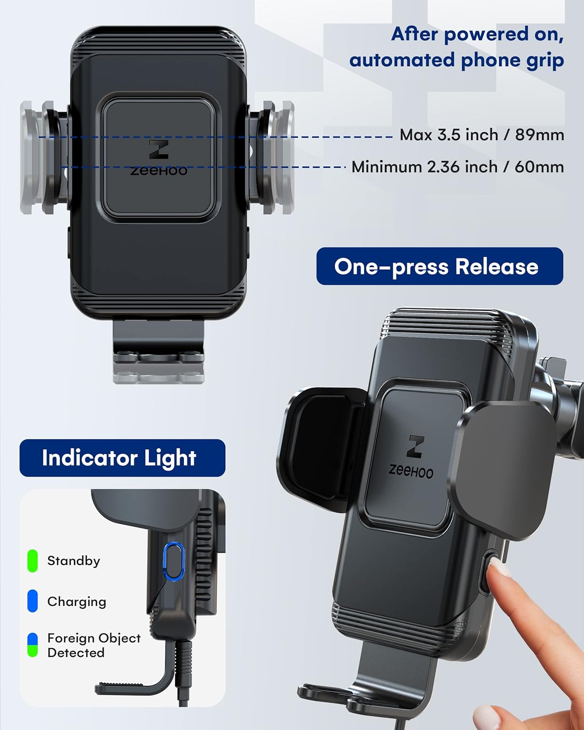 ZeeHoo Wireless Car Charger,15W Fast Charging Auto-Clamp Car Mount,Windshield Dash Air Vent Phone Holder for iPhone 14 13 12 Mini 11 Pro Max XS XR 8,S22 S21 S20(45W QC3.0 Adapter Included)