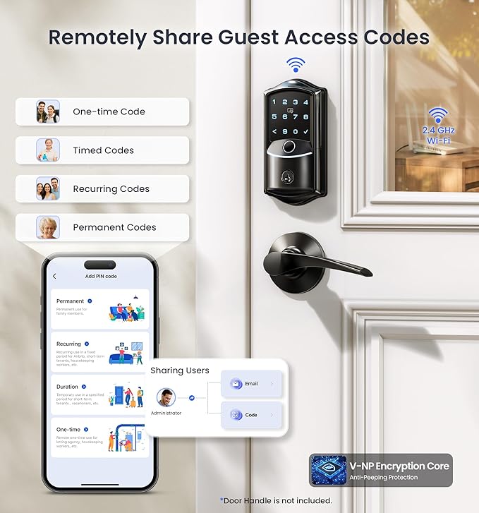 Veise VE027 Built-in Wi-Fi Smart Lock, Fingerprint Keyless Entry Front Door Lock, App Remote & Voice Control, No Hub Needed, Touchscreen Keypad Deadbolt, IP65 Waterproof, BHMA Grade 3, Matte Black