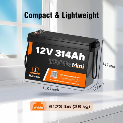 12V 314Ah (300Ah) LiFePO4 Lithium Mini Battery, Max. 4019Wh Energy, 15000+ Deep Cycles, 100A BMS Lithium Iron Phosphate Rechargeable Battery Great for RV, Marine and Off Grid Applications