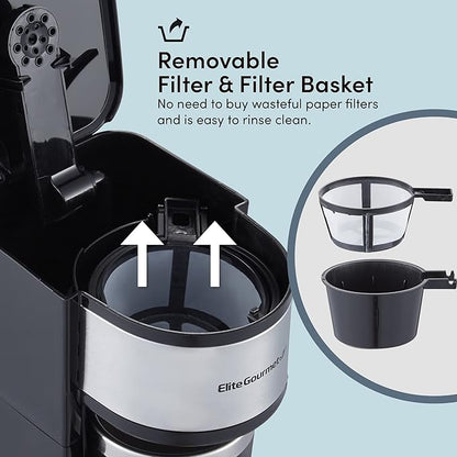 Elite Gourmet EHC-112B Personal Single-Serve Compact Coffee Maker Brewer Includes 14Oz. Thermal Travel Mug with Stainless Steel Interior, Compatible with Coffee Grounds, Reusable Filter, Black