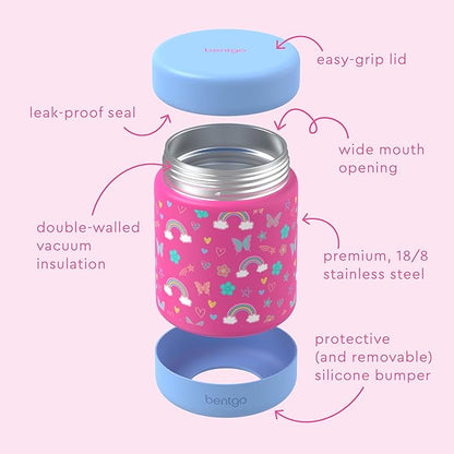 Bentgo Kids Stainless Steel Food Jar - 11oz Leak-Proof Double Insulated Hot or Cold Food Container with Removable Silicone Bumper, Dishwasher Safe, Easy Open Lid, Ages 3+ (Rainbows and Butterflies)