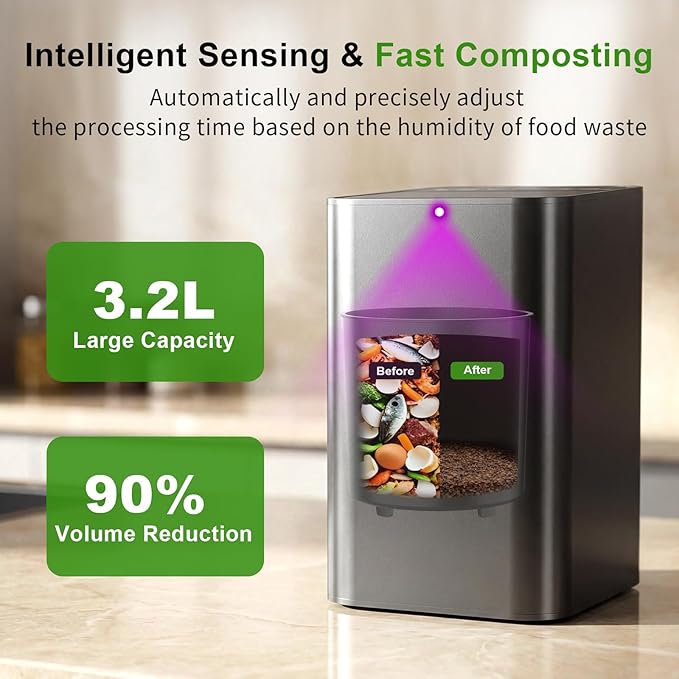 Electric Composter for Kitchen, ETL Listed, 3.2L (108 Oz) Countertop Compost Bin with Strong Brushless Motor(2X Longer Lifespan), Quiet & Odorless, Indoor Composter with LED Display, EC04