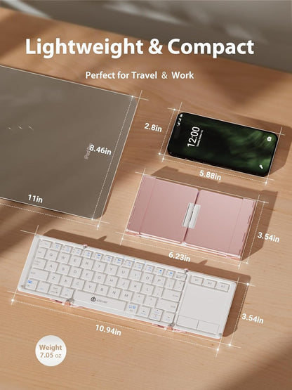 iClever Bluetooth Keyboard with Touchpad, Foldable Keyboard, Metal Body, Gesture Support, USB-C Charge, Pocket-Size Wireless for Travel, iPad, iPhone, Android, Windows, Pink White