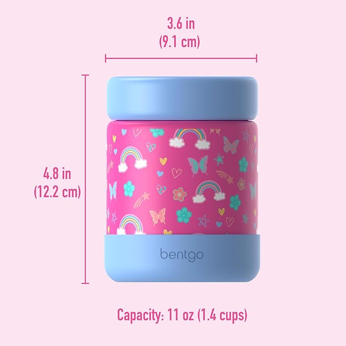 Bentgo Kids Stainless Steel Food Jar - 11oz Leak-Proof Double Insulated Hot or Cold Food Container with Removable Silicone Bumper, Dishwasher Safe, Easy Open Lid, Ages 3+ (Rainbows and Butterflies)