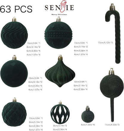 Senjie 2025 Velvet Christmas Ball Ornaments Sets 63pcs Bulk Flocked Christmas Ornaments Assortment Decor for Xmas Deep Green