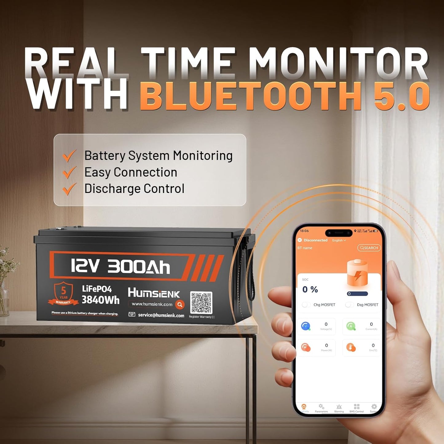 12V 300Ah LiFePO4 Lithium Battery with Bluetooth APP Monitoring, Max. 3840Wh, 15000+ Deep Cycles, 100A BMS, Low-Temp Cutoff – for RV, Solar, Marine, Off-Grid, Home Energy Storage