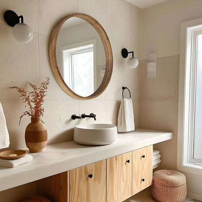 36" Bathroom Mirror, Round Wall Mirror with Wood Frame, Farmhouse Mirror for Wall Decor, Wall-Mounted Mirror for Bedroom, Living Room, Brown