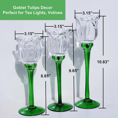 VOHO Tulips Glass Clear Candle Holder Decor for Home Living Room, 3pcs Varying Heights Tealight Candle Holder Wedding Centerpieces for Tables, White Flower Tall Votive Candle Holders Gifts for Friends