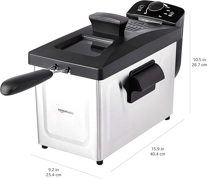 Amazon Basics 3.2-Qt (3.0L) Electric Deep Fryer with Adjustable Temperature Control, Easy Draining Basket, Viewing Window, Fast-Heating 1500W, Stainless Steel Exterior, Black & Silver