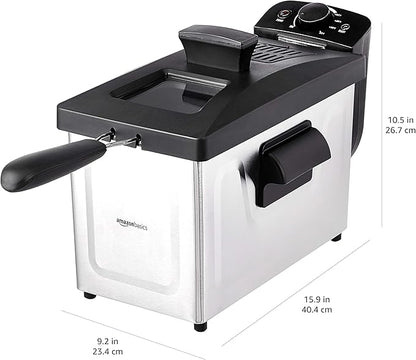 Amazon Basics 3.2-Qt (3.0L) Electric Deep Fryer with Adjustable Temperature Control, Easy Draining Basket, Viewing Window, Fast-Heating 1500W, Stainless Steel Exterior, Black & Silver