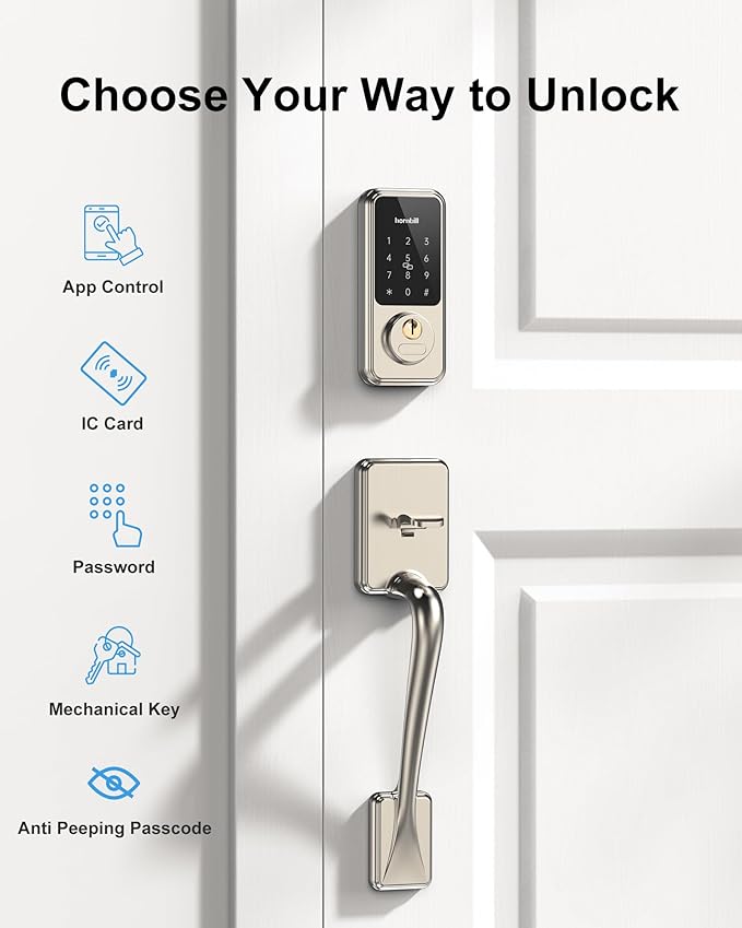 Front Door Lock with Handle Set, Hornbill Smart Deadbolt Keyless Entry, App Control and Auto-Lock, Touchscreen Keypad Electronic Deadbolt, Bluetooth/Key Fobs/Password Unlock for New House
