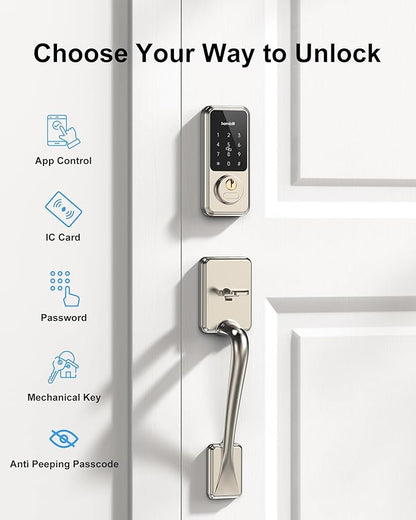 Front Door Lock with Handle Set, Hornbill Smart Deadbolt Keyless Entry, App Control and Auto-Lock, Touchscreen Keypad Electronic Deadbolt, Bluetooth/Key Fobs/Password Unlock for New House