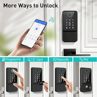 Smart Door Lock Set Keyless Entry Fingerprint Touchscreen Keypad APP IC Card Key Type-C Charging Unlocking with 2 Handles 6 in 1 Electric Biometric Digital Deadbolt for Front Doors Apartment