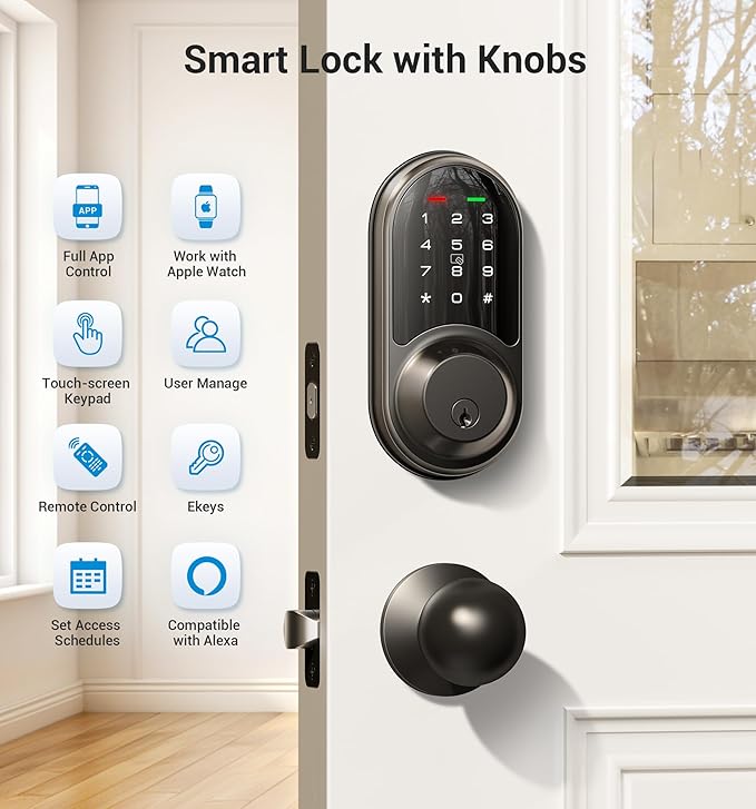 Veise RZ06C Smart Locks for Front Door, 2 Knob Handle Set, Keyless Entry Deadbolt, App Control, Electronic Touchscreen Digital Keypad, Auto Lock, Easy Installation, IP54 Waterproof, Matte Black