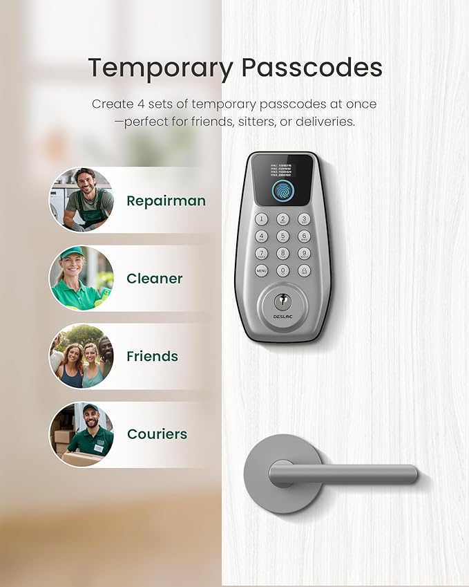 DESLOC C110 Fingerprint Keyless Entry Door Locks, Front Door Smart Lock Deadbolt with 2 Lever Handles,Auto-Lock, Backlit Keypad, 12 Months Battery, lP54 Waterproof, BHMA Grade 3 (Sliver)
