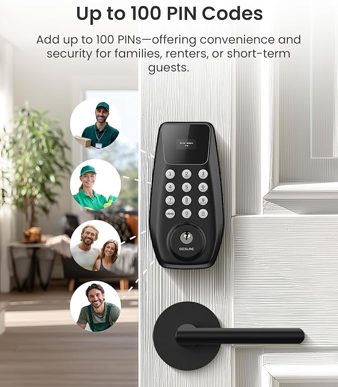 DESLOC C100 Keyless Entry Door Lock with 2 Lever Handles, Smart Deadbolt Lock for Front Door with 2 Keys, Auto Lock, 100 PIN Codes, Passage Mode, IP54 Waterproof, 12 Months Battery,Black