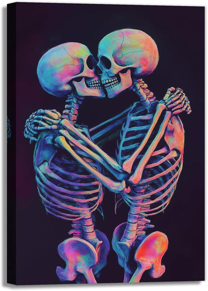 Skeleton Wall Art Kissing Skull Art Poster Skeleton Lover Picture Print On Canvas Abstract Horrible Theme Painting Framed Artwork Living Room Decor(Artwork-3,20"x30")