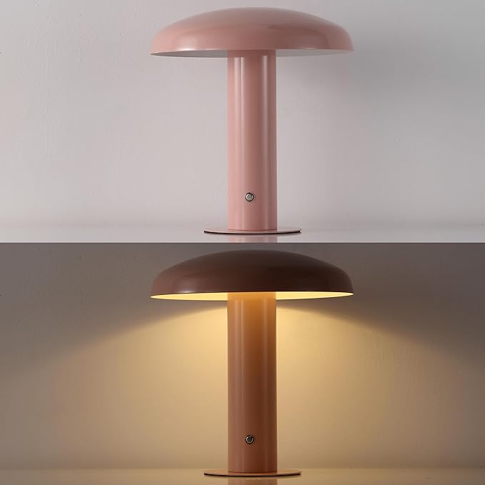 JONATHAN Y 11" Pink Rechargeable LED Mushroom Table Lamp, Cordless Portable Dimmable Mid-Century Modern Accent Lamp, with Metal Shade, Touch Sensor (JYL7114E)