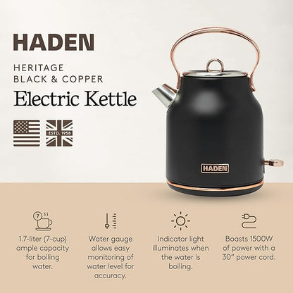 Haden Heritage 1.7 Liter Stainless Steel Electric Kettle, Hot Water Tea Kettle with 360-Degree Base and Auto Shutoff, Black & Copper
