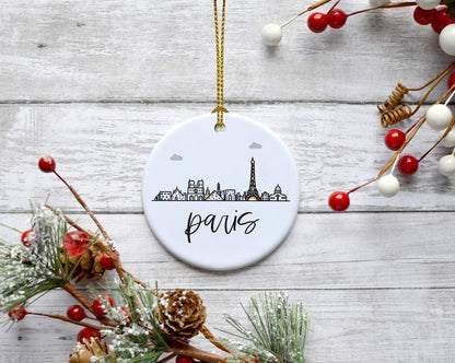 Andaz Press Round Ceramic Porcelain Christmas Tree Ornament Keepsake Gift, Paris, Colorful International City Skyline Graphic, 1-Pack, Birthday Ideas Family Coworker Him Her, Gift Box