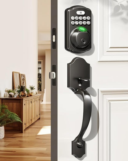 Veise Fingerprint Door Lock Set, Keyless Entry Door Lock, Front Handle Set, Electronic Keypad Deadbolt with Lever Handle, 2 Keys, Auto-Locking, One-time Codes, Easy to Install, Matte Black