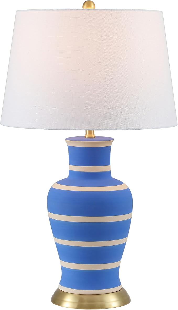 JONATHAN Y 29" Blue/Beige Traditional Ceramic Urn LED Table Lamp for Bedroom Decor, White Linen Drum Shade, Classic Nightstand Lamp for Living Room, LED Bulb Included (JYL4026L)