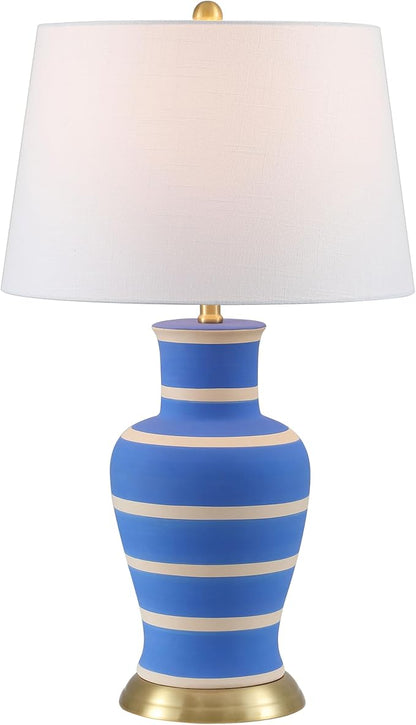 JONATHAN Y 29" Blue/Beige Traditional Ceramic Urn LED Table Lamp for Bedroom Decor, White Linen Drum Shade, Classic Nightstand Lamp for Living Room, LED Bulb Included (JYL4026L)