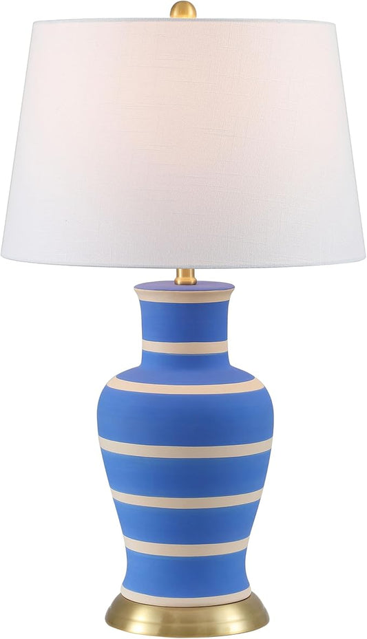 JONATHAN Y 29" Blue/Beige Traditional Ceramic Urn LED Table Lamp for Bedroom Decor, White Linen Drum Shade, Classic Nightstand Lamp for Living Room, LED Bulb Included (JYL4026L)