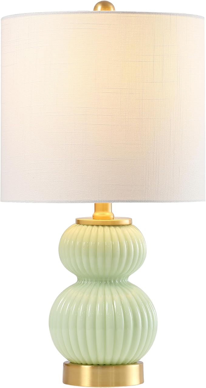 JONATHAN Y 20" Mint Green/Brass Gold Ribbed Gourd Glass Table Lamp, Modern Bedside Lamp for Bedroom Living Room, White Linen Drum Shade, LED Bulb Included (JYL1099F)