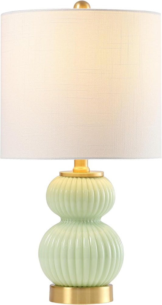 JONATHAN Y 20" Mint Green/Brass Gold Ribbed Gourd Glass Table Lamp, Modern Bedside Lamp for Bedroom Living Room, White Linen Drum Shade, LED Bulb Included (JYL1099F)
