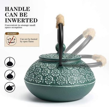Sotya Cast Iron Teapot, 40oz/1200ml Japanese Tetsubin Tea Pot with Infuser for Loose Leaf and Tea Bags, Tea Kettle Coated with Enameled Interior for Stove Top, Dark Green