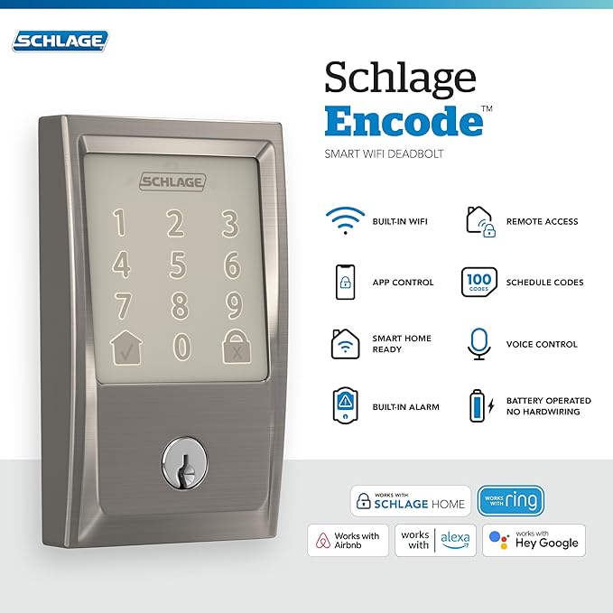 Schlage Encode Smart WiFi Deadbolt Lock for Front Door - Keyless Entry with App or Touchscreen - Works with Alexa, Hey Google, & Airbnb - Create Codes for Guests - Satin Nickel