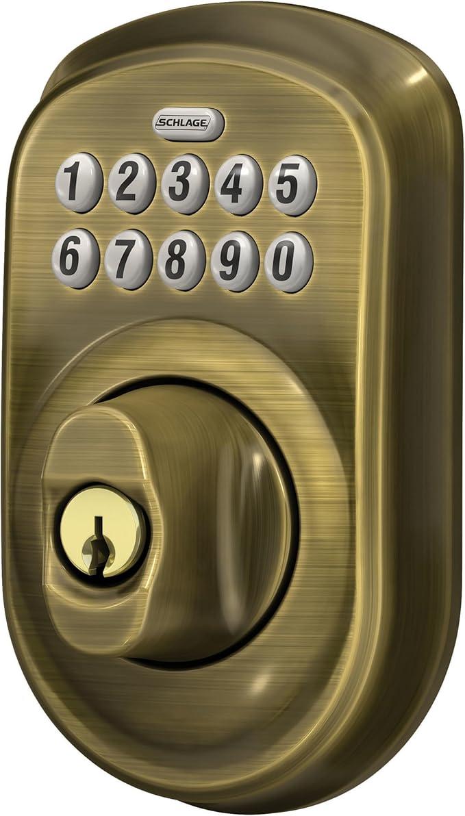 Schlage BE365 V PLY 609 Plymouth Keypad Deadbolt, Electronic Keyless Entry Lock, Antique Brass