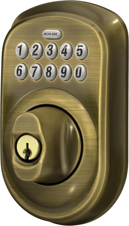 Schlage BE365 V PLY 609 Plymouth Keypad Deadbolt, Electronic Keyless Entry Lock, Antique Brass