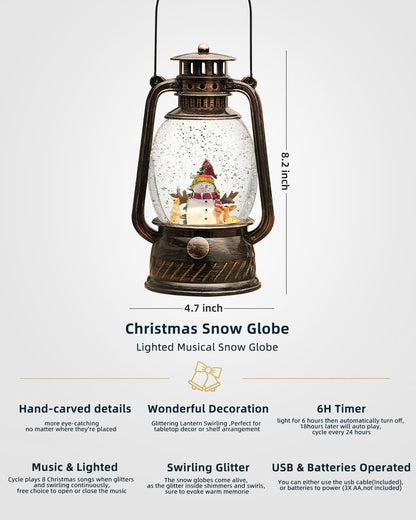 Christmas Decorations Indoor-Musical Snow Globe with 6H Timer,Snowman Cardinal Deer Lighted Scene Snow Globes Lantern USB or Battery Powered,Christmas Decorations Decor for Home